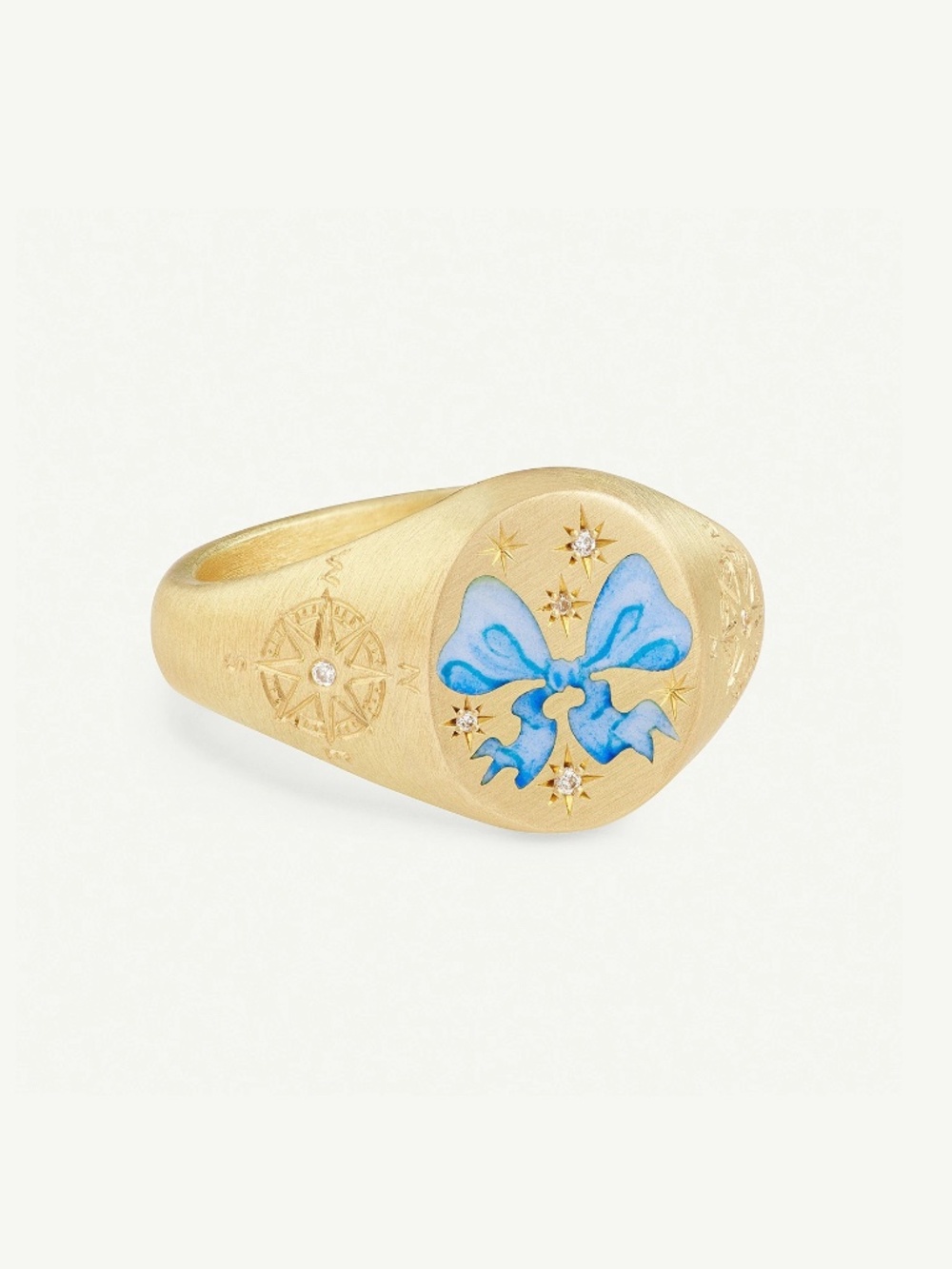18K Gold Plated Stainless Steel Bow Signet Ring Blue Enamel Vintage Size 6.75-7